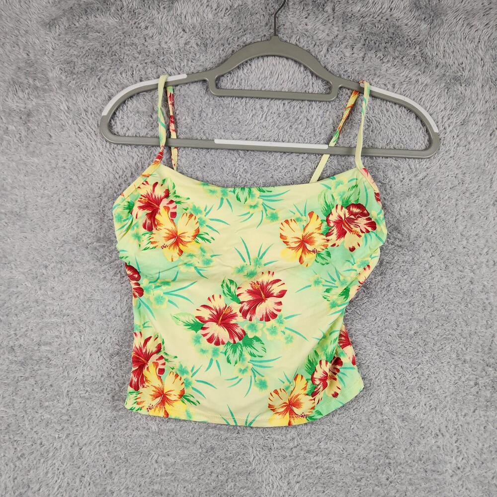 Vintage Sunsets Tankini Top Womens Medium Yellow Tropical Floral Bra USA 80s 90s